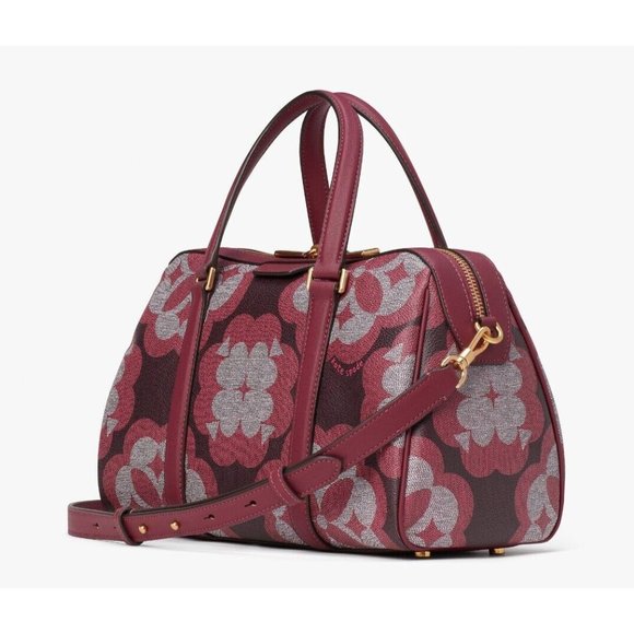 New Kate Spade Spade Flower Monogram Coated Canvas Satchel Garnet Rose - Picture 2 of 6